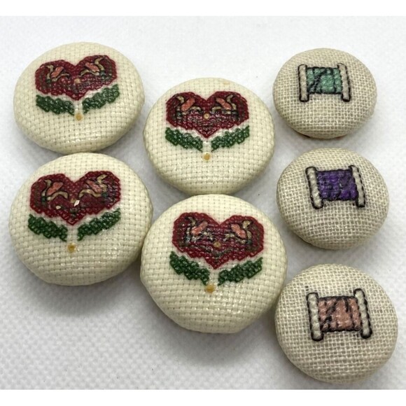 Vintage Lot of 7 Cross Stitch Heart &‎ Thread Spool Button Covers 80s 90s Style - Picture 1 of 14